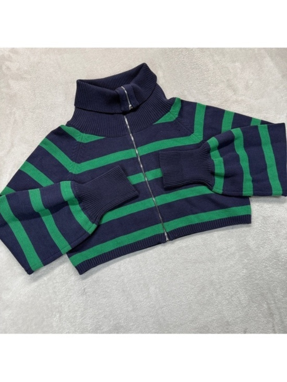 Cropped Navy and Green Striped Zip-Up Sweater